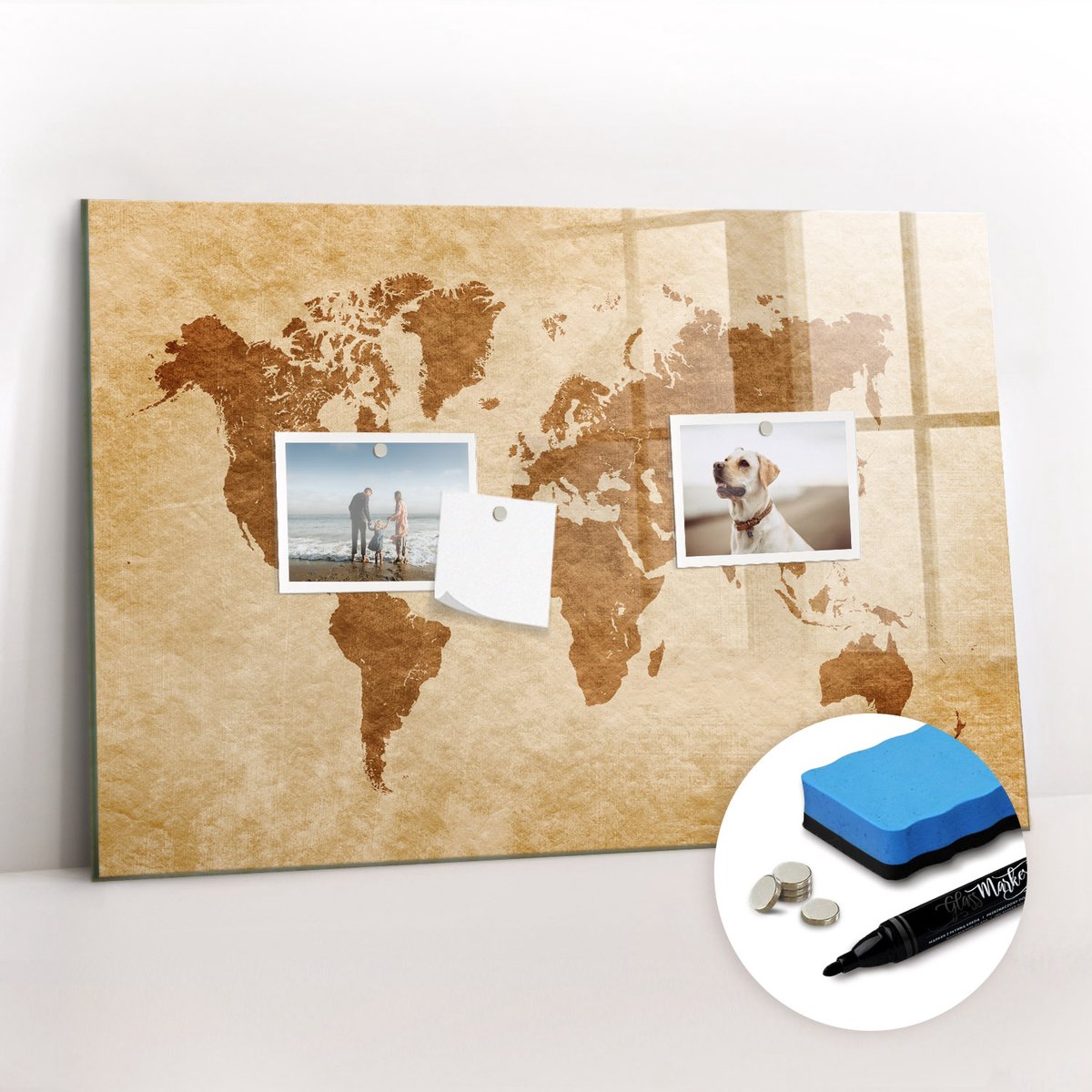 Tulup Whitebord - Wereldkaart in ouderwetse stijl - 60 x 40 cm - Bruin Magneetbord Rechthoekig - Gratis 5 Sterke Magneten + Whiteboard Marker & Wisser - Interieur Accessoires Kantoor - Memo Magneetbord - Inspiratiebord Kantoor