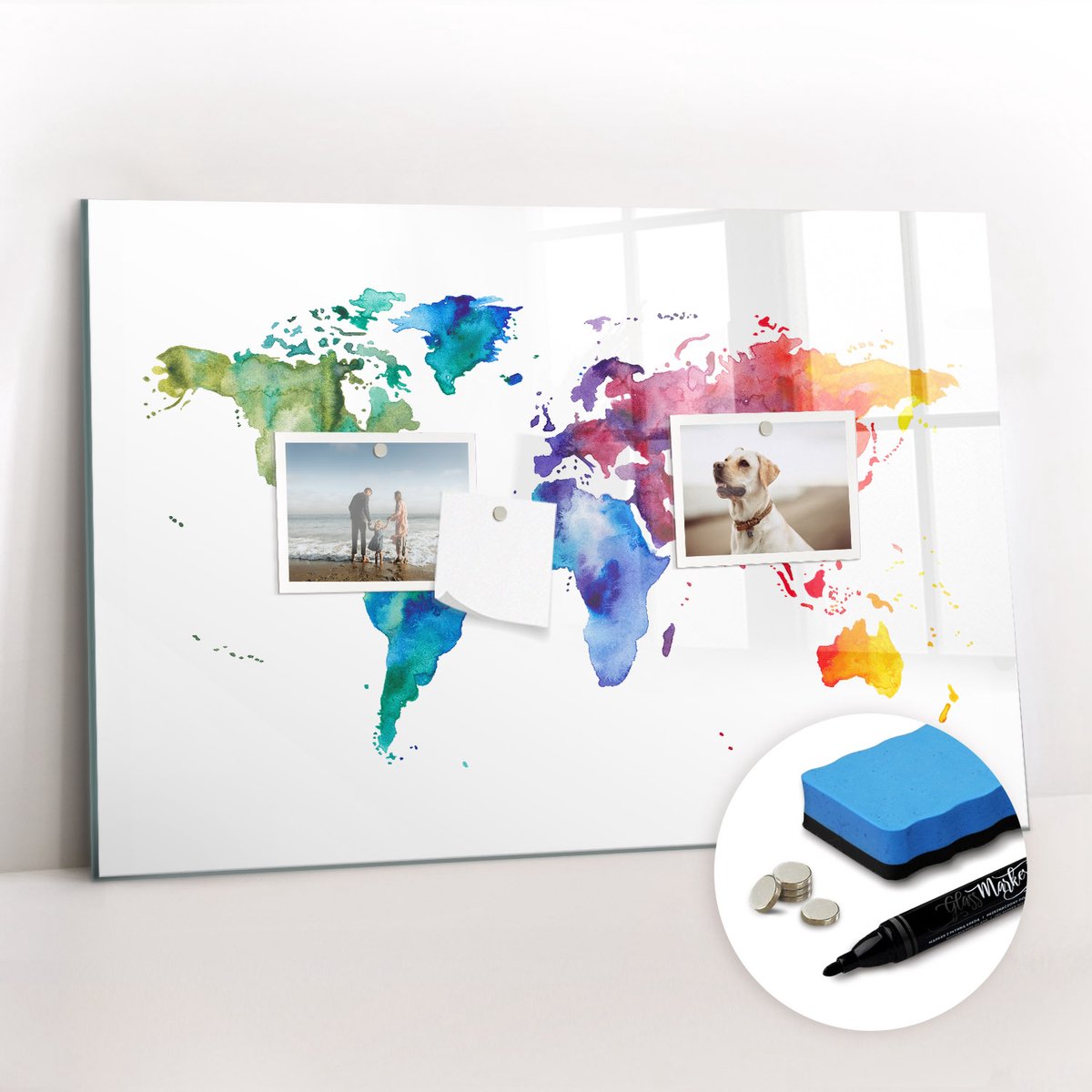 Tulup Whitebord - Aquarel wereldkaart - 60 x 40 cm - Veelkleurig Magneetbord Design - Gratis 5 Sterke Magneten + Whiteboard Marker & Wisser - Decoratief Magnetisch Bord - Magnetisch Bord - Productiviteit Tools
