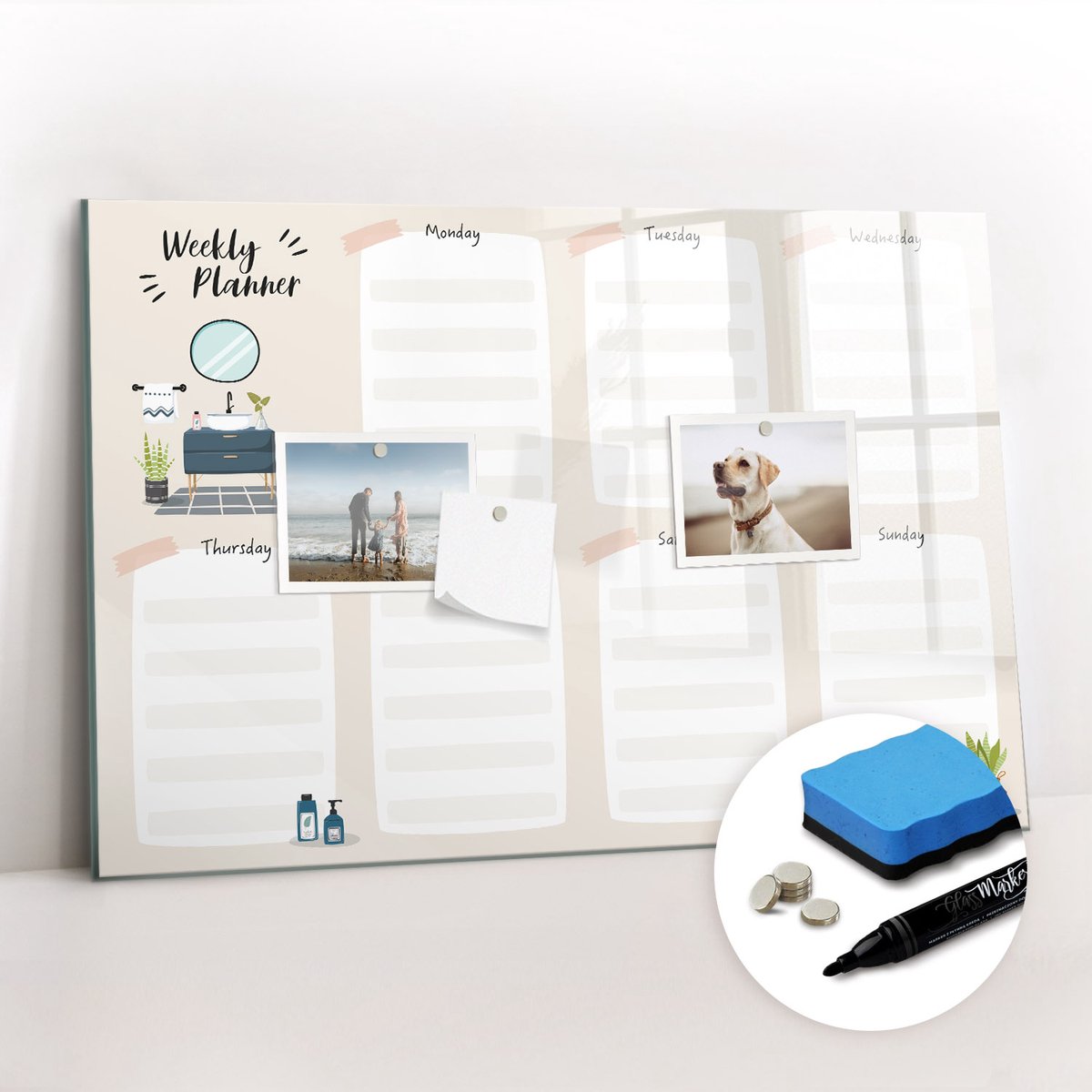 Tulup Whitebord - Weekplanner - 60 x 40 cm - Beige Memobord Magnetisch - Gratis 5 Sterke Magneten + Whiteboard Marker & Wisser - Organizer Muur - Magnet Board - Organiseer Je Bureau