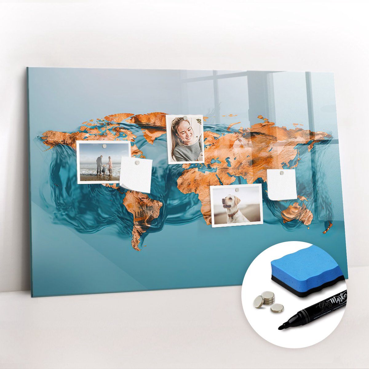 Tulup Whitebord - Abstracte wereldkaart - 90 x 60 cm - Turkoois Magnetisch Bord - Gratis 5 Sterke Magneten + Whiteboard Marker & Wisser - Stylish Memo Board - Memobord Glas - Planning Muur