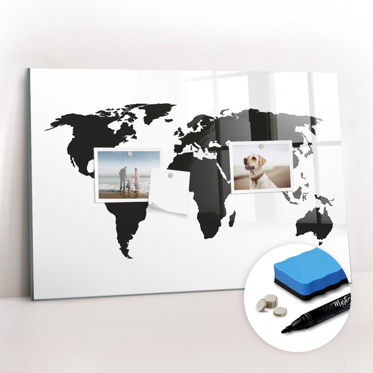 Tulup Whitebord - Zwarte wereldkaart - 60 x 40 cm - Zwart Memo Bord - Gratis 5 Sterke Magneten + Whiteboard Marker & Wisser - Design Memobord - Foto Magneetbord - Ideeënbord Thuiswerkplek