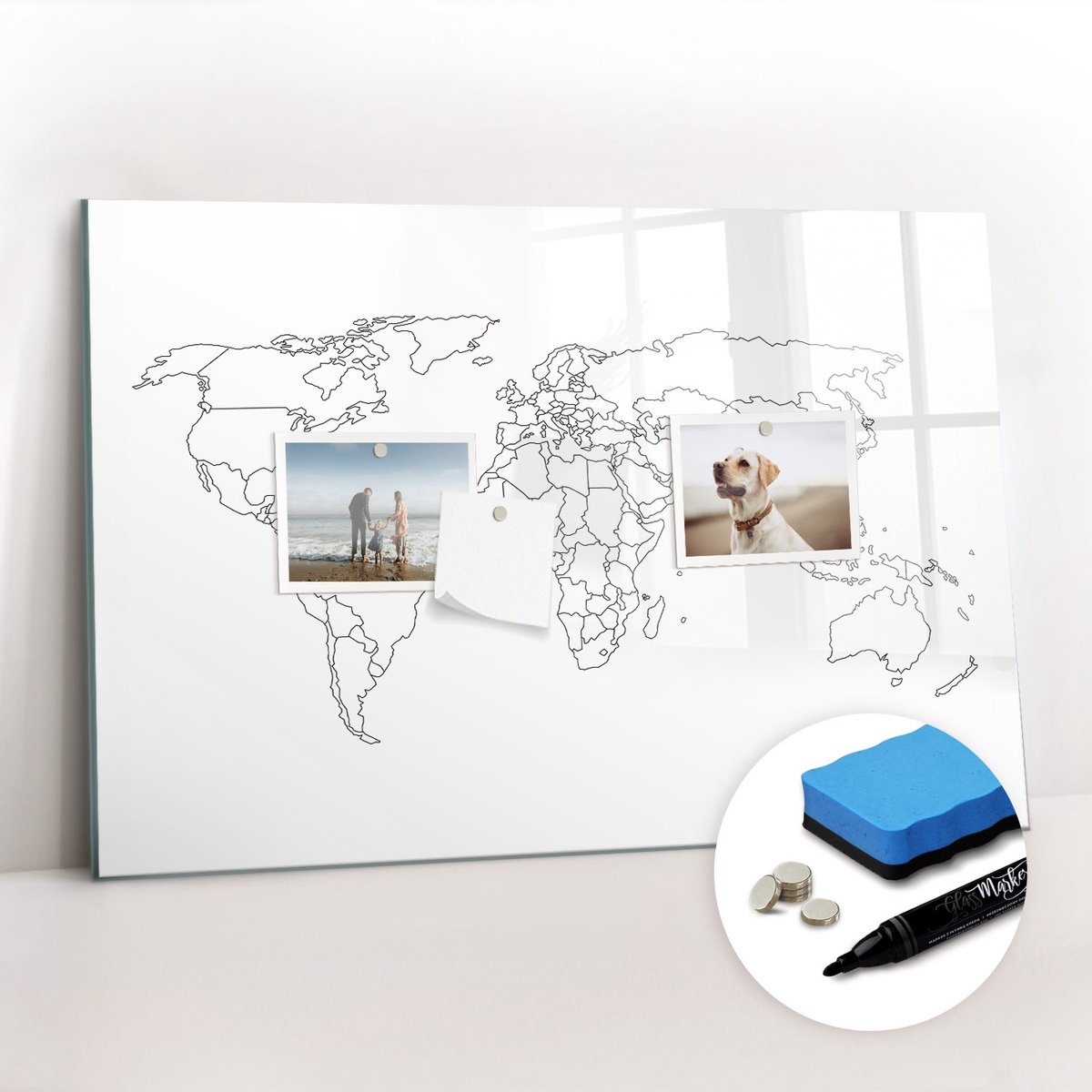 Tulup Whitebord - Contourkaart van de wereld - 60 x 40 cm - Wit Magnetisch Bord - Gratis 5 Sterke Magneten + Whiteboard Marker & Wisser - Minimalistisch Prikbord - Memobord Magnetisch - Planning Muur