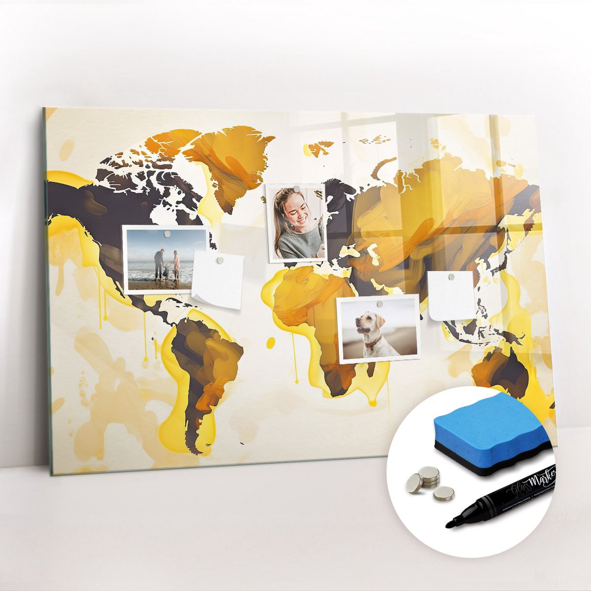 Tulup Whitebord - Abstracte wereldkaart - 90 x 60 cm - Geel Magnet Board - Gratis 5 Sterke Magneten + Whiteboard Marker & Wisser - Interieur Accessoires Kantoor - Memo Magneetbord - Inspiratiebord Kantoor