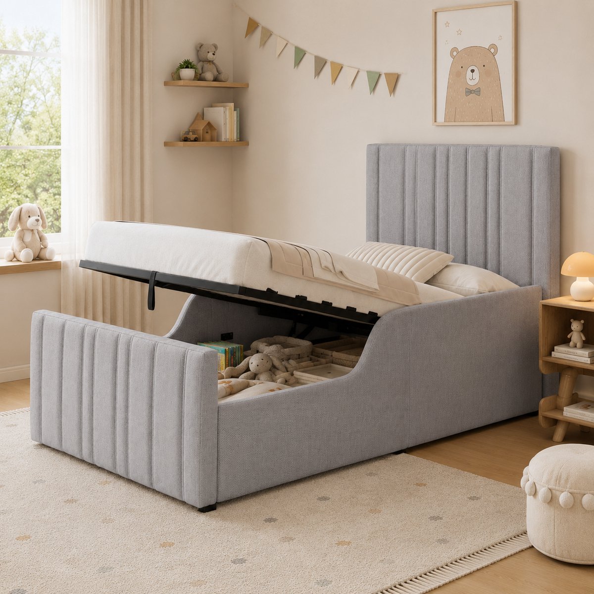 Polsterbed 90 x 200cm - Hydraulisch Kinderbed met Groot Opbergruimte - Gepolsterd Kopdeel - Grau