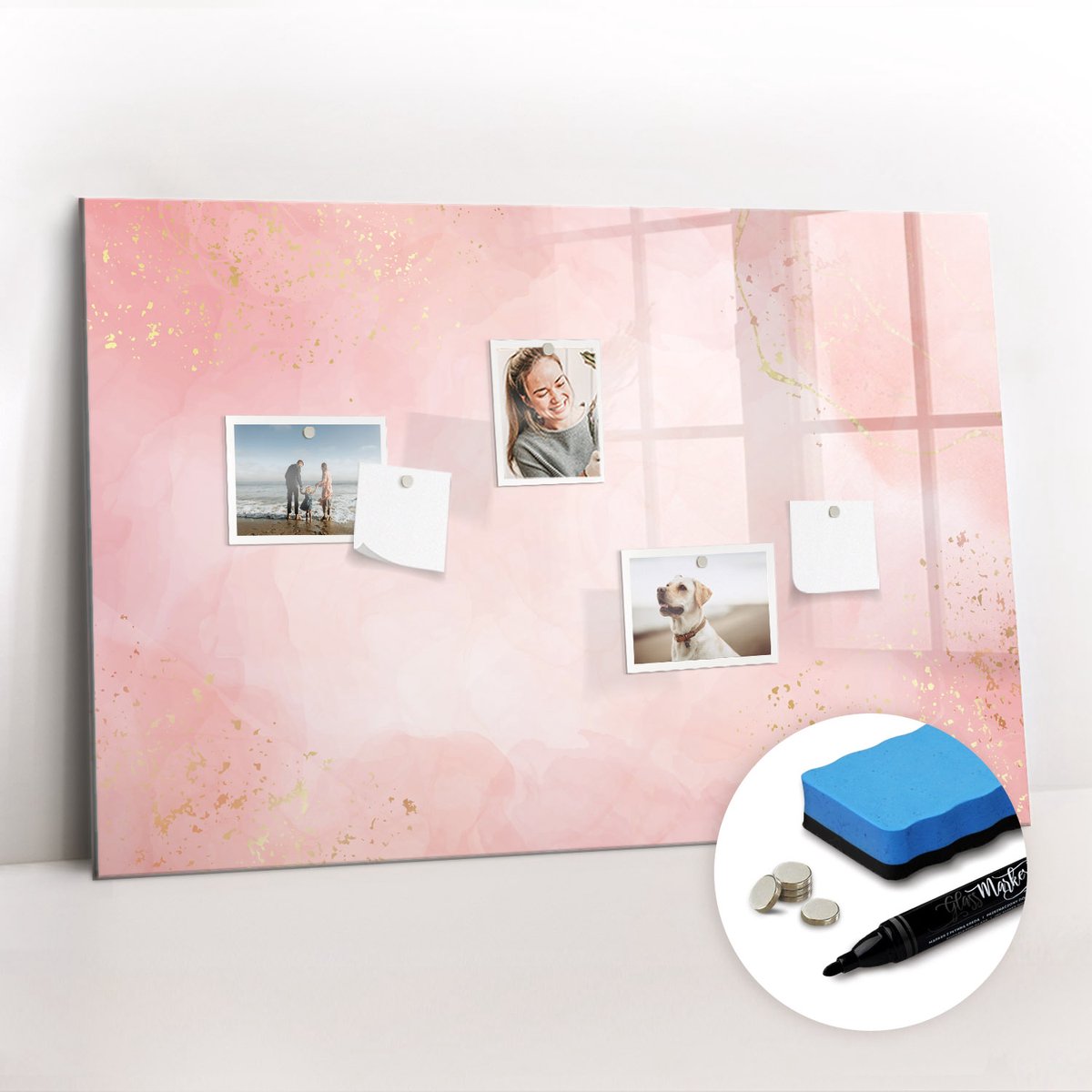 Tulup Whitebord - Roze marmer - 90 x 60 cm - Roze Memo Bord - Gratis 5 Sterke Magneten + Whiteboard Marker & Wisser - Minimalistisch Prikbord - Foto Magneetbord - Organiseer Je Bureau