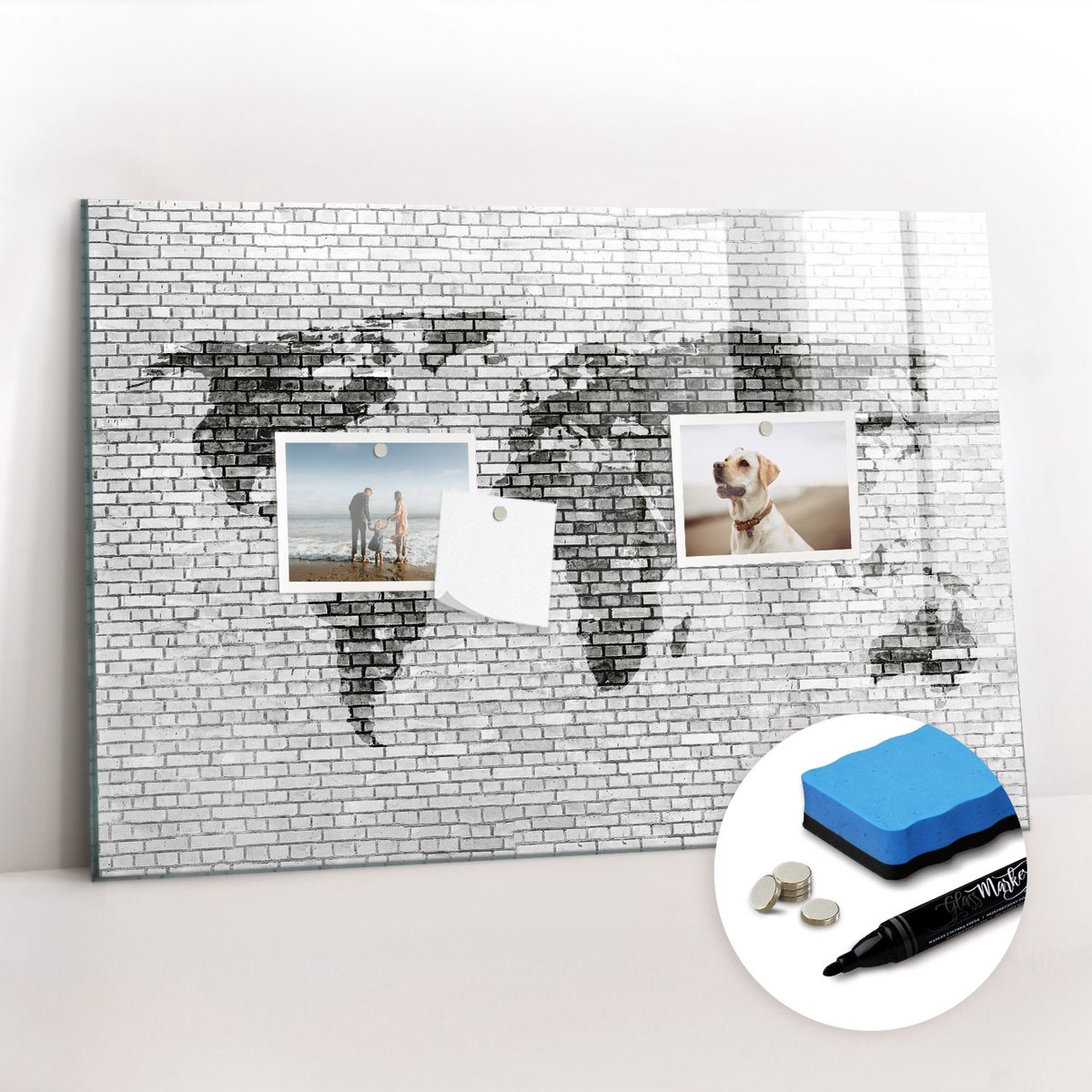 Tulup Whitebord - Wereldkaart van een bakstenen muur - 60 x 40 cm - Grijs Magnetisch Wandbord - Gratis 5 Sterke Magneten + Whiteboard Marker & Wisser - Industrieel Wandbord - Magnetisch Wandbord - Productiviteit Tools