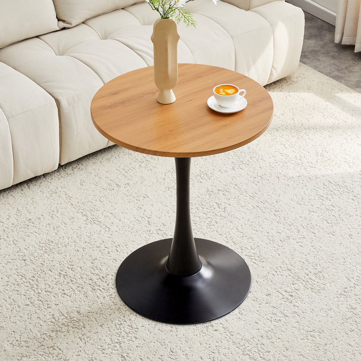 KOMHTOM - Ronde Bijzettafel en Kleine Eettafel - 60 cm MDF - Houtnerflook met Thermoform-technologie - Zwarte Steunpoot - Perfect voor Europese Woonruimtes