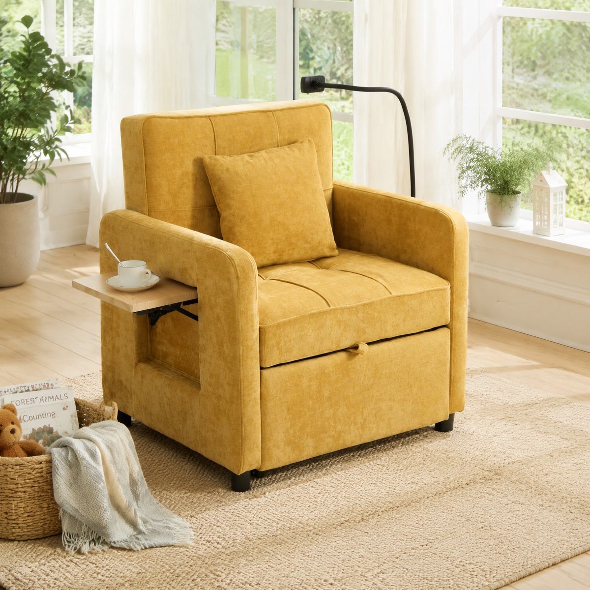MODENUIT Fauteuil 167 x 79 x 83 cm - 2-in-1 Slaapstoel Met 5-Standen Rugleuning - Chenille Mosterdgeel