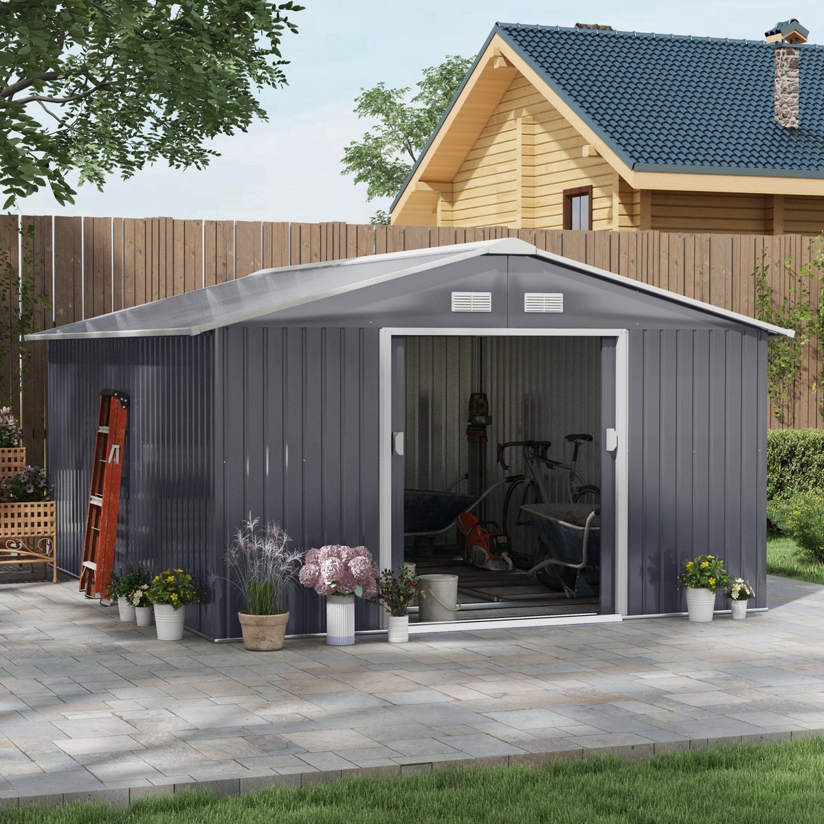 REDOM - Schuur - Met fundament - Dubbele schuifdeuren - Ventilatieopeningen voor en achter - Tuin - Metaal en verzinkt staal - Grijs - 340 x 386 x 200 cm