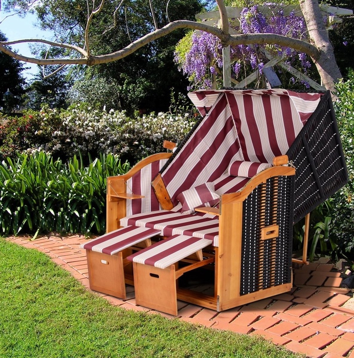 MODENUIT Strandstoel 118 cm - 5-Standen Rugleuning en Uittrekbare Voetsteunen - Balkon en Tuin - Hout Rood