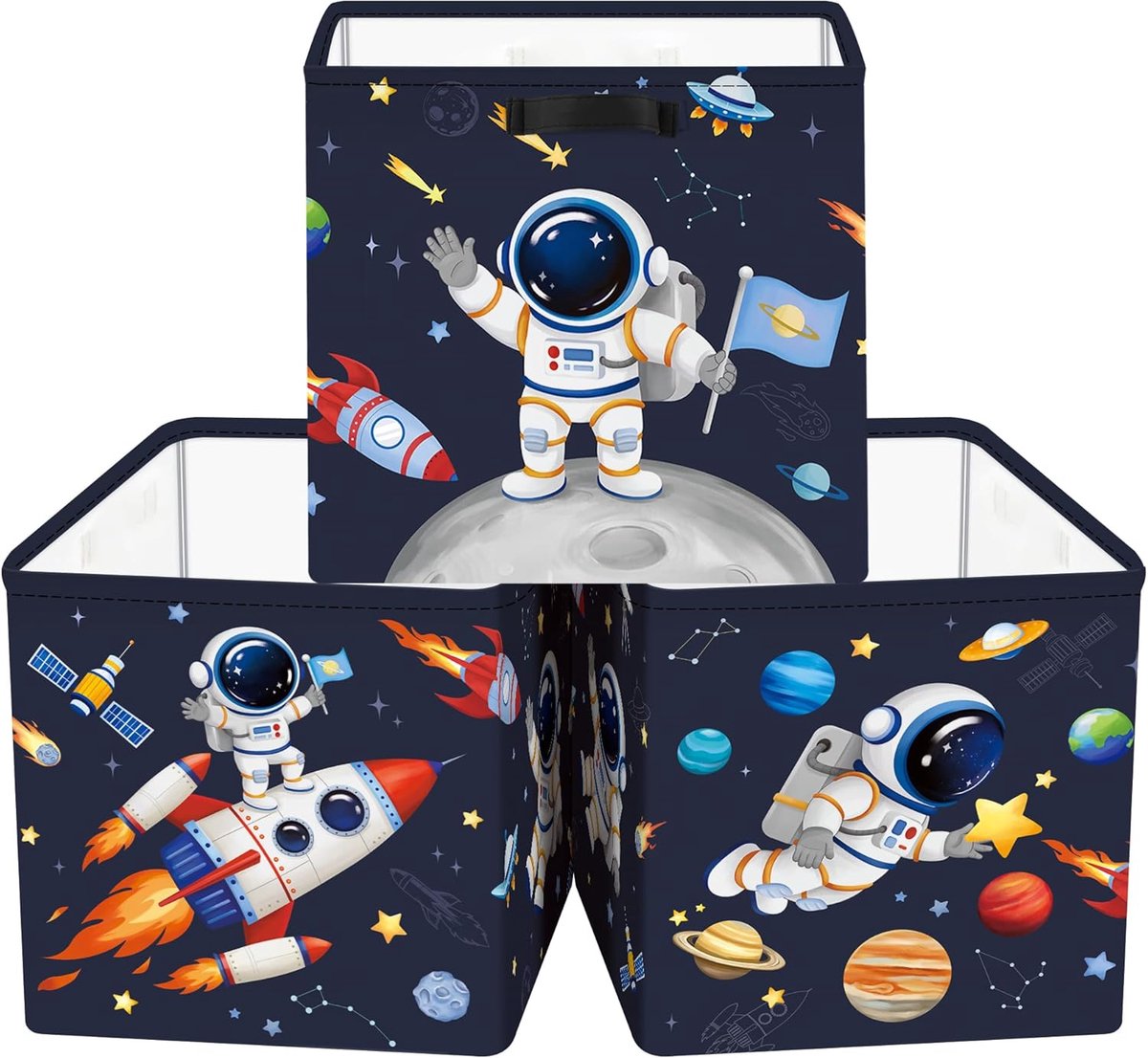 30 cm Opbergdoos 3 Stuks Ruimtevaart Opbergmand voor Jongen Astronaut Raket Opbergkubus met Handgrepen voor Thuis Organizer voor Speelgoed Boeken Kleding,Blauw