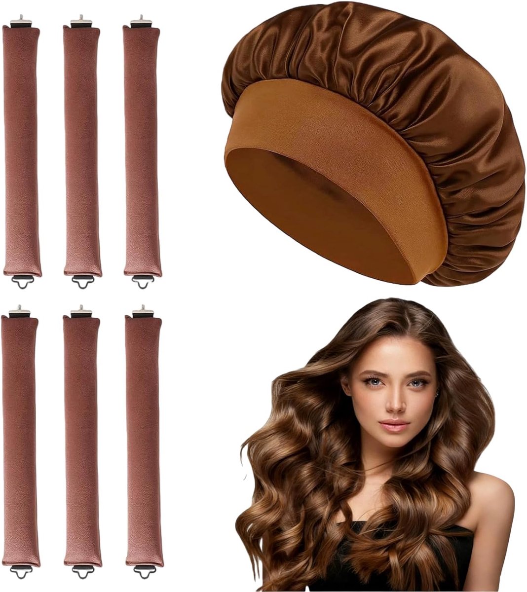 Curls Band, 6 Stuks Jumbo Flexi Staven voor Grote Krullen & Hittevrije Krulset voor Nachtelijke Krullen, met Slaapcap