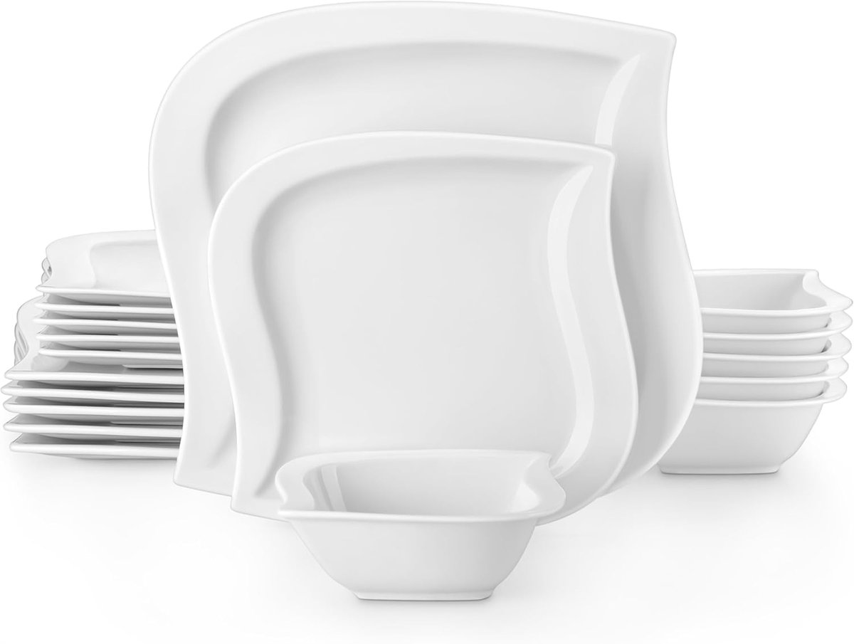 Serie ELVIRA 18-delig porseleinen tafelservies voor 6 personen met 6 platte borden van 26 cm, 6 dessertborden 21 cm, 6 soepkommen van 240 ml, wit
