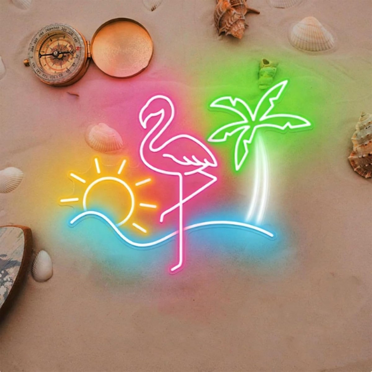 Lichtreclame acryl roze flamingo groene palm neon kunstlicht verlichte decoratie, gepersonaliseerd neonlicht voor meisjeskamer, zee, hotel, strand, zwembadfeest, 44x28CM