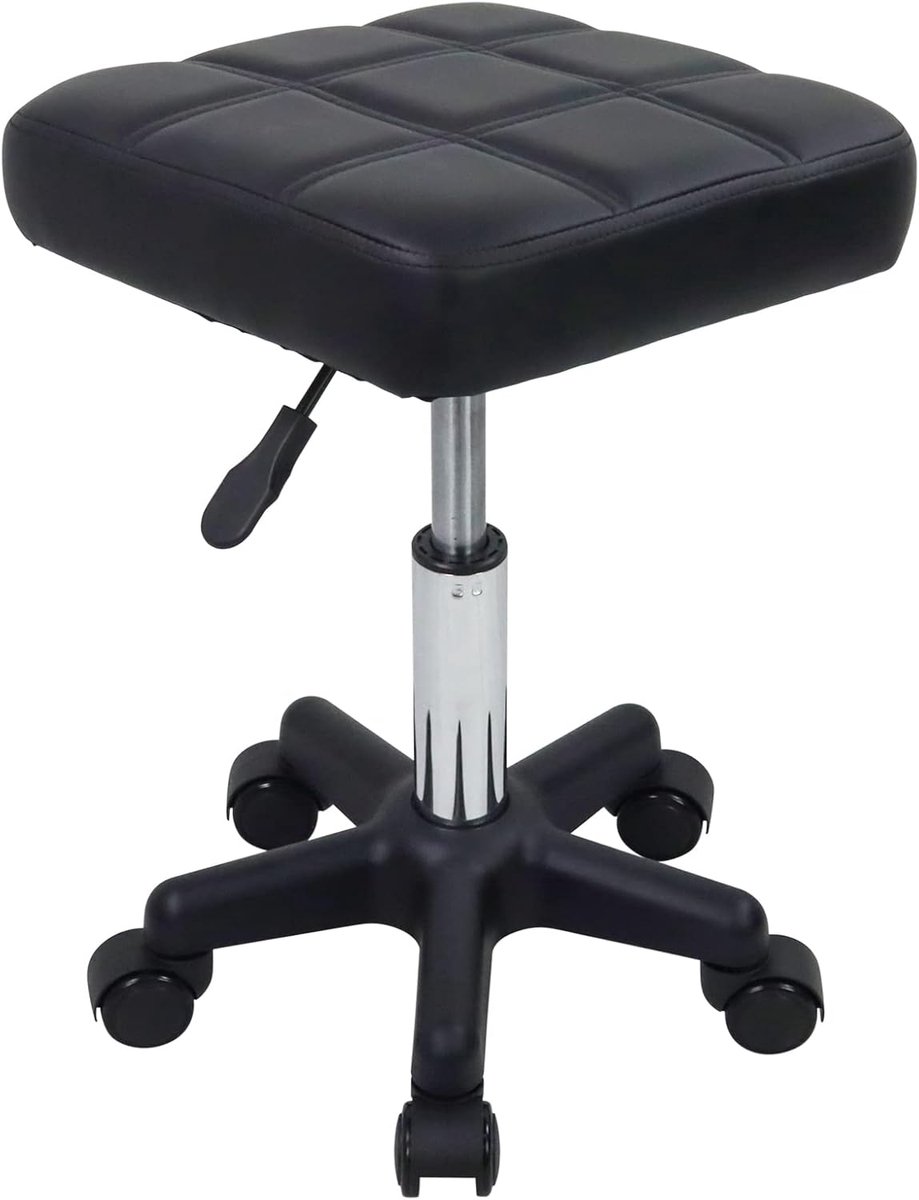 Vierkante Swivel Kruk Met Wielen - PU Leahter Rolling, Hoogte Verstelbaar Voor Spa Salon Massage - Zwart