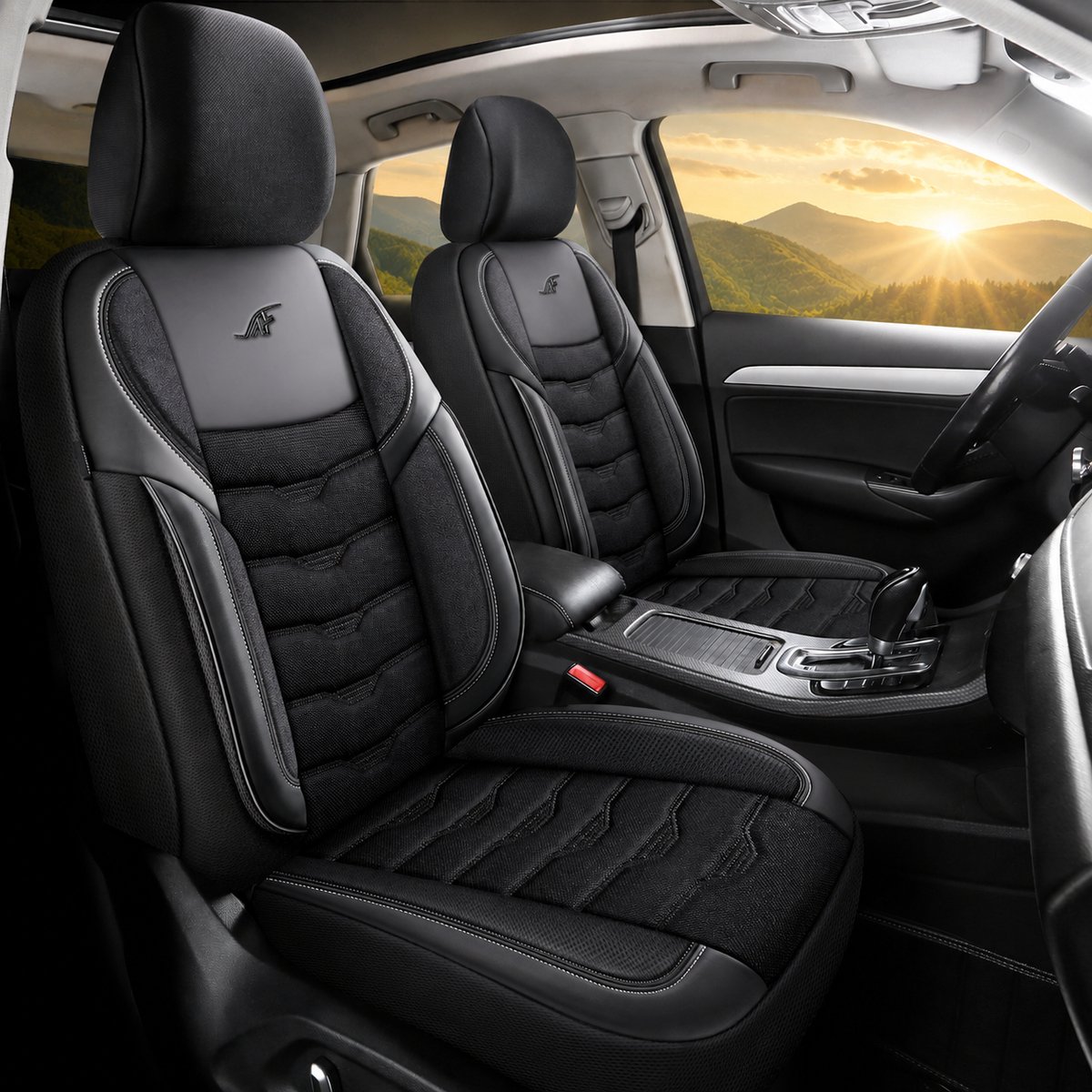 Autostoelhoezen voor Audi A8 D5 in pasvorm| Complete set | Voorstoelen + Achterbank AID Serie | AID404 | Zwart met zwarte stiknaden
