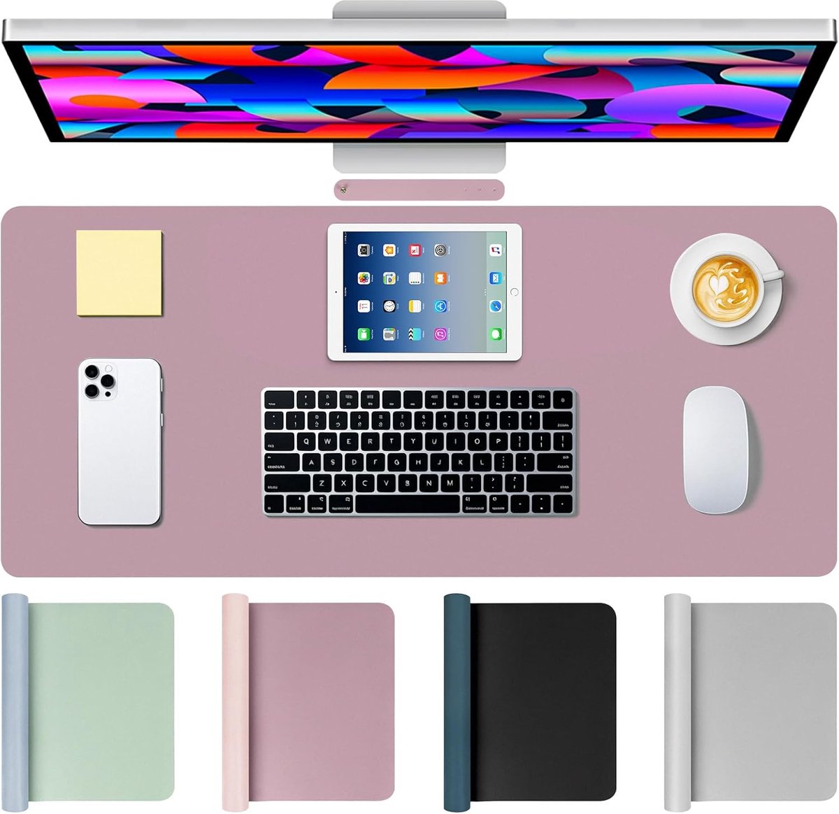 Bureauonderlegger, 90 x 40 cm, PU-lederen tafelonderlegger, multifunctionele bureau-muismat, laptop onderlegger, tafelbescherming onderlegger voor kantoor thuis, dubbelzijdig (roze/lichtroze)