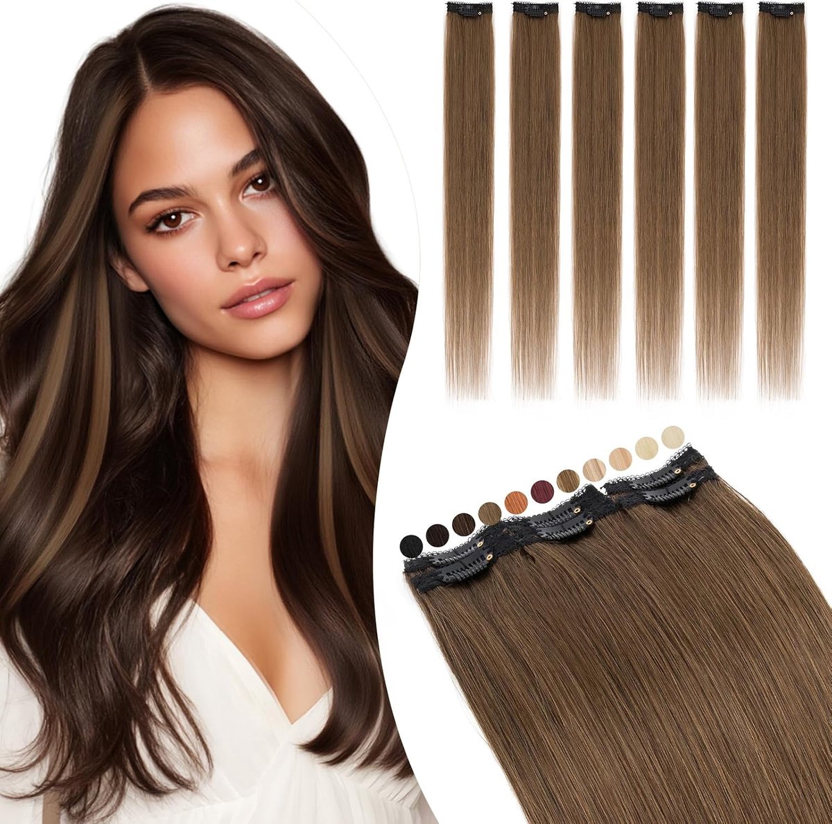 Clip-in extensies van echt haar, bruin, zijde, kant in strengen, haarverlenging, clip, onzichtbaar, 31 g, 25 cm, voor volume/medium (#4 chocoladebruin)