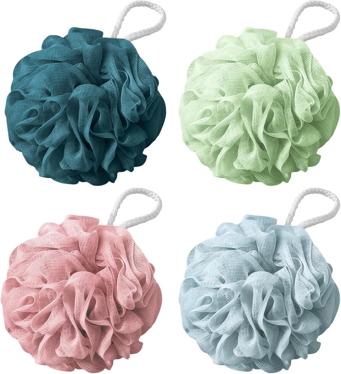 flintronic 4 Pack Loofah Douche Puff, 50 g Badspons, Zachte Douche Poef, Bad Loofah Mannen & Vrouwen, Voor Het Reinigen Van Lichaam & Exfoliërende Scrubber