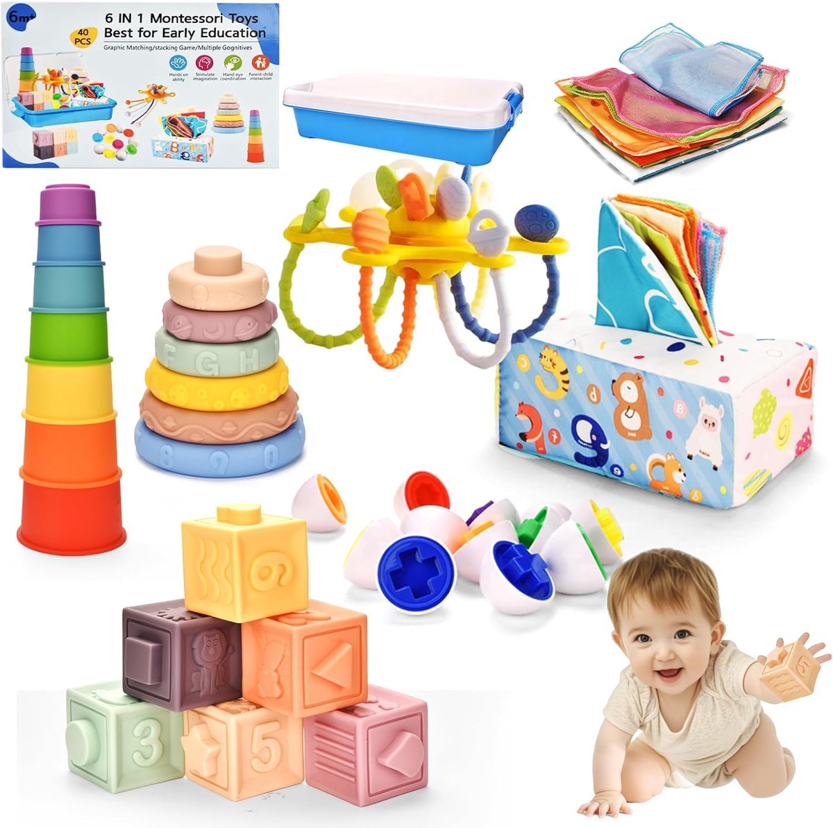 Babyspeelgoed voor maanden, 6-in-1 motoriekspeelgoed vanaf maanden, ontwikkeling van het sensorisch stapelspeelgoed, tissuedoos, educatief speelgoed, babycadeau voor maanden