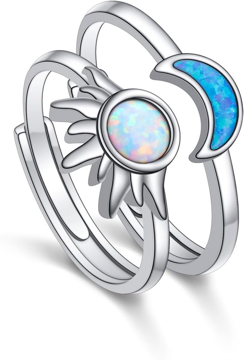 Set maan en zon, 925 sterling zilver, zon, maan, bijpassende ringen, belofteringsringen voor paren, verstelbare verlovingstrouwringen voor hem en haar, Sieraden, Verstellbare, Sterling zilver