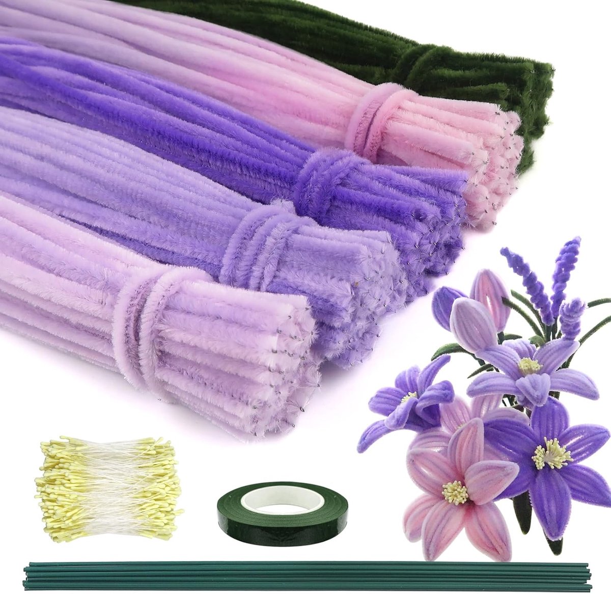 300 stuks chenille-borstels voor kleurrijke knutselwerkjes, set in lila pijpreiniger voor bloemen, doe-het-zelf decoratief handwerk