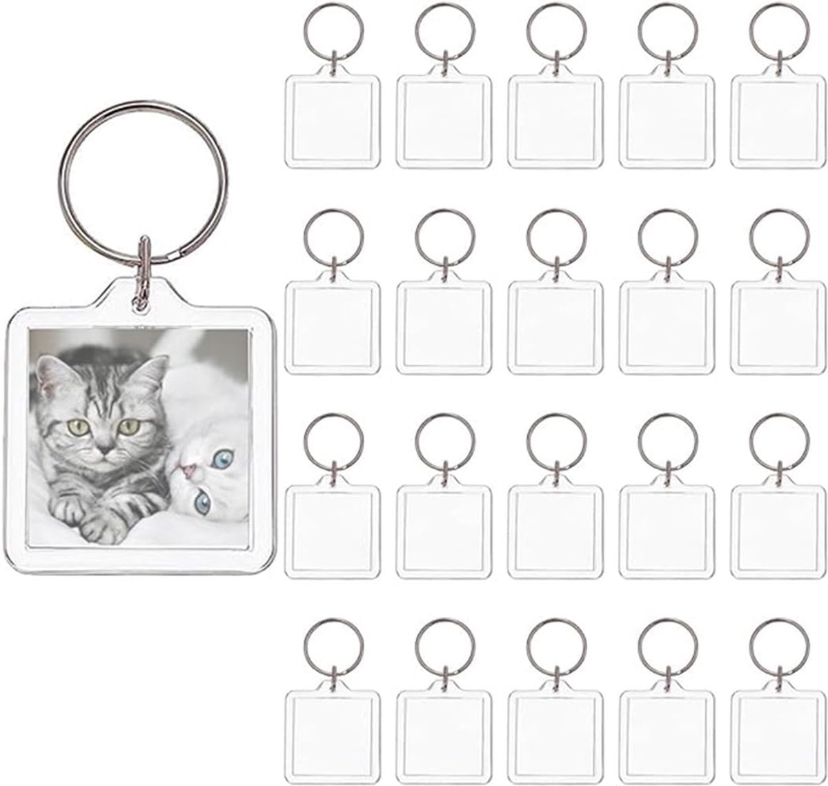 Basicon Sleutelhangers voor foto's, 20 stuks, acryl foto's met sleutelring, transparante afbeelding, fotosleutelhanger, leeg om te knutselen, cadeau, familie, vrienden, 5,5 x 4 cm