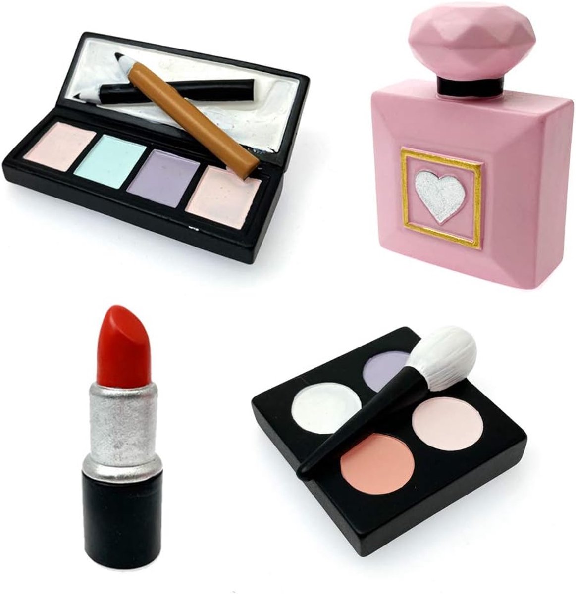 Set van 4 make-up-taartaccessoires van hars, cosmetica, lippenstift, oogschaduw, rouge voor taartdecoratie, ideaal voor vrijgezellenfeest, spa, verjaardagsthema's voor meisjes en vrouwen