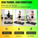 Drie foto's van vrouwen die de loopband gebruiken: zittend aan een bureau, wandelend en hardlopend. Modes: werk, wandel, hardloop.