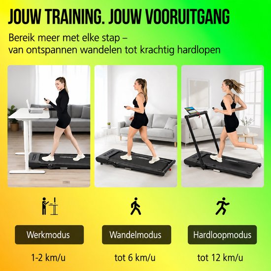 Drie foto's van vrouwen die de loopband gebruiken: zittend aan een bureau, wandelend en hardlopend. Modes: werk, wandel, hardloop.