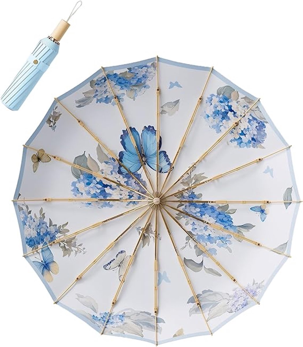 Zonneparaplu - Retro Opvouwbare Parasol met UPF 50+ UV-Bescherming - 16-Ribs Windbestendige Grote Paraplu voor Dames - blauw