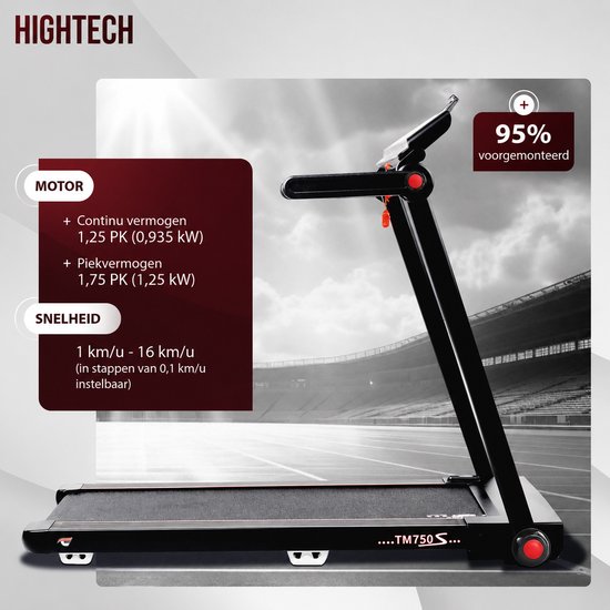 Zwarte loopband met rode accenten, met een stadion op de achtergrond en specificaties voor motor en snelheid.