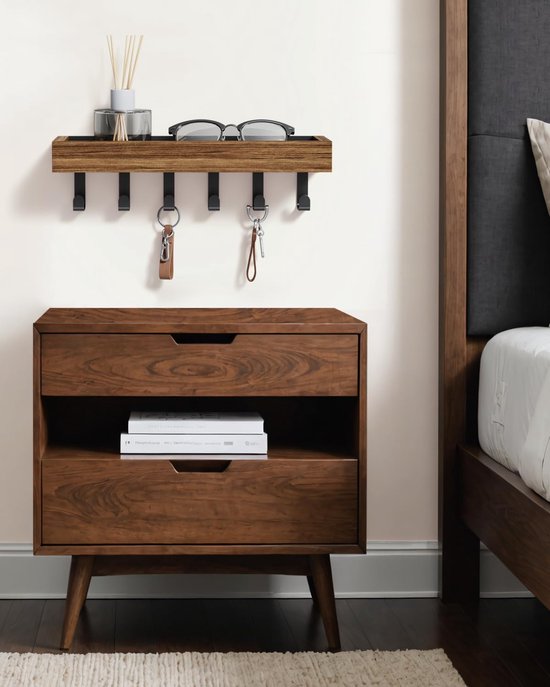 Houten nachtkastje met houten sleutelhanger met 5 haken, met brillen en een geurstoftester.