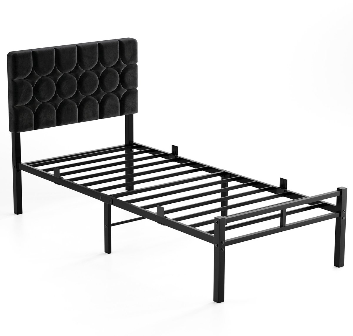 KUTAS Eenpersoonsbed 90 x 200 cm - Gestoffeerd Bedframe - Metalen Lattenbodem - 32 cm Opbergruimte - Zwart