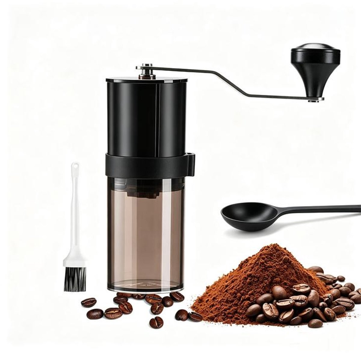 KZQ handmatige koffiemolen - Keramische maalsteen, instelbare maalgraad - Lichtgewicht en draagbaar, compact - Geschikt voor espresso, French press, kamperen en reizen - Capaciteit: 30 g - Zwart - Inclusief schoonmaakborstel en koffieschepje