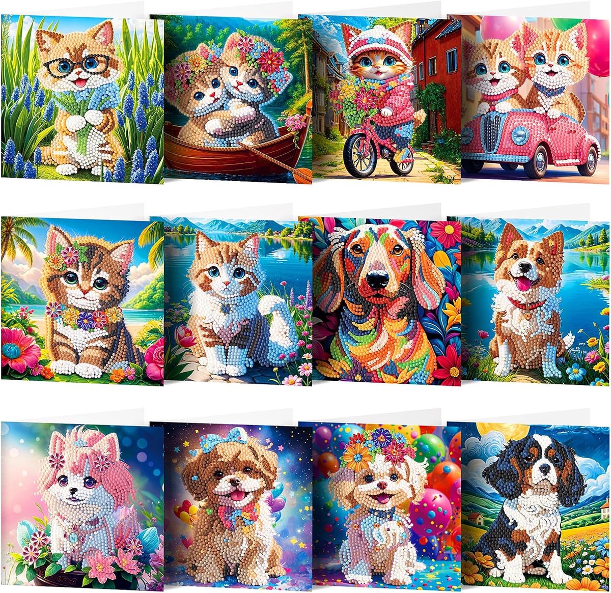 Diamond Painting Kaarten – 12 Wenskaarten met envelop - Diamond Painting Volwassenen – Diamond Painting Volledig Pakkett – 15 x 30 cm – Design met kitten