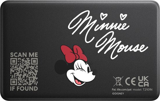 Een zwarte, platte Tile tracker met 'Scan Me' en Minnie Mouse.