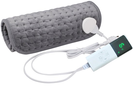 Grijze verwarmde deken, opgerold, met afneembare controller en stekker.