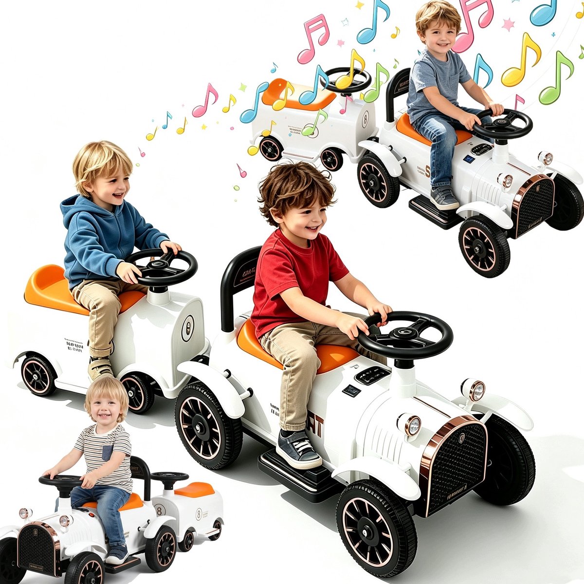 Dubbele Elektrische Kindertrein Wit – 12V Retro Trein voor 2 Kinderen, Met Muziek & Licht, Incl. Oplader – Geschikt voor 3-8 Jaar, Max. 35 kg