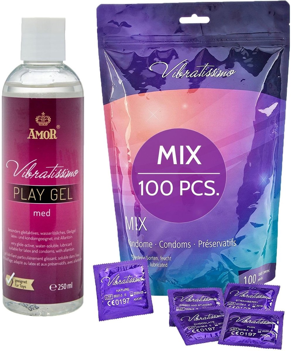 VIBRATISSIMO Condooms Mix 100-pack gemengd & glijgel Set | gevoelsecht & extra vochtig | Beutel dunne wanddikte & Aromatisiert | flinterdun genopt & geribbeld