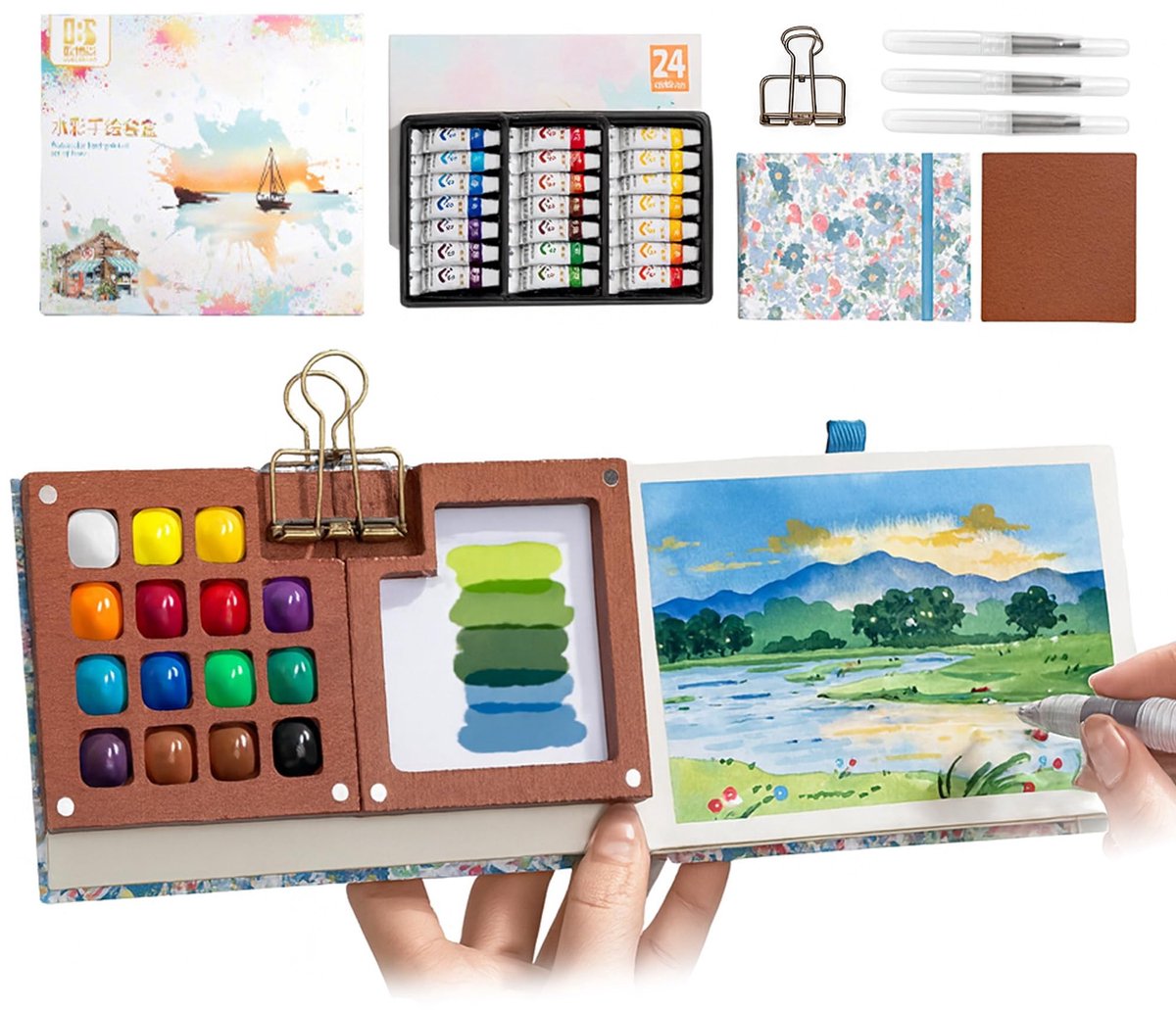 Omgoods - Draagbare Aquarelset met 24 Kleuren en Penselen