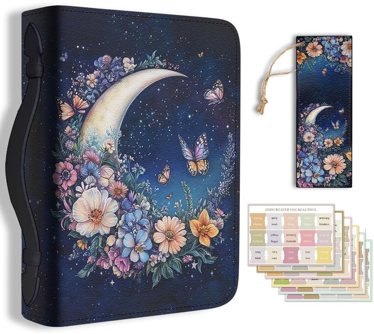 Omgoods- Bijbelhoes Grote - PU-leer - Bladwijzer - Sterrenhemel/Maan/Bloemenpatroon - Draagtas - 20,3 x 28,5 x 5,9 cm - Bescherming voor Bijbel/Notitieboeken - Bijbeltas