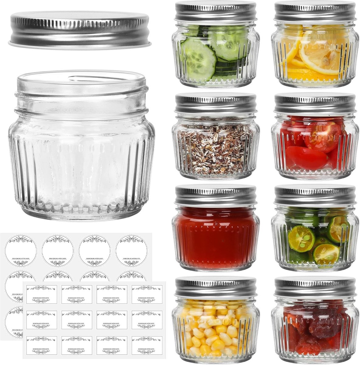 Omgoods - Set van 8 Kleine Glazen Weckpotten met Deksel - 120ml