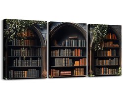 Omgoods - Homewish Medieval Bookcase Canvas Wall Art Set van 3 - Vintage Wanddecoratie voor Jouw Ruimte