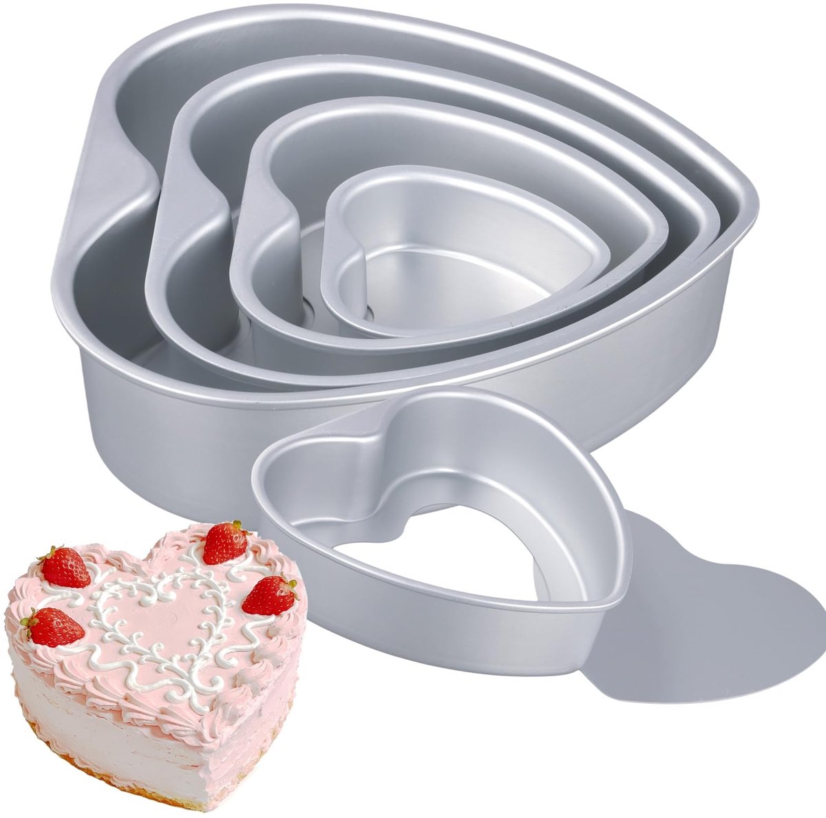 Omgoods - Set van 4 Hartvormige Taartvormen - Aluminium met Afneembare Bodem