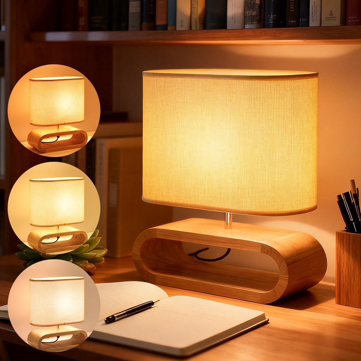 Omgoods - Houten Bedlamp met E27 Fitting en Linnen Lampenkap