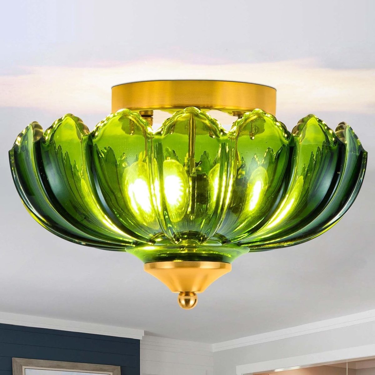 Omgoods - Vintage Plafondlamp met Groene Glazen Lampenkap en 3 Fittingen