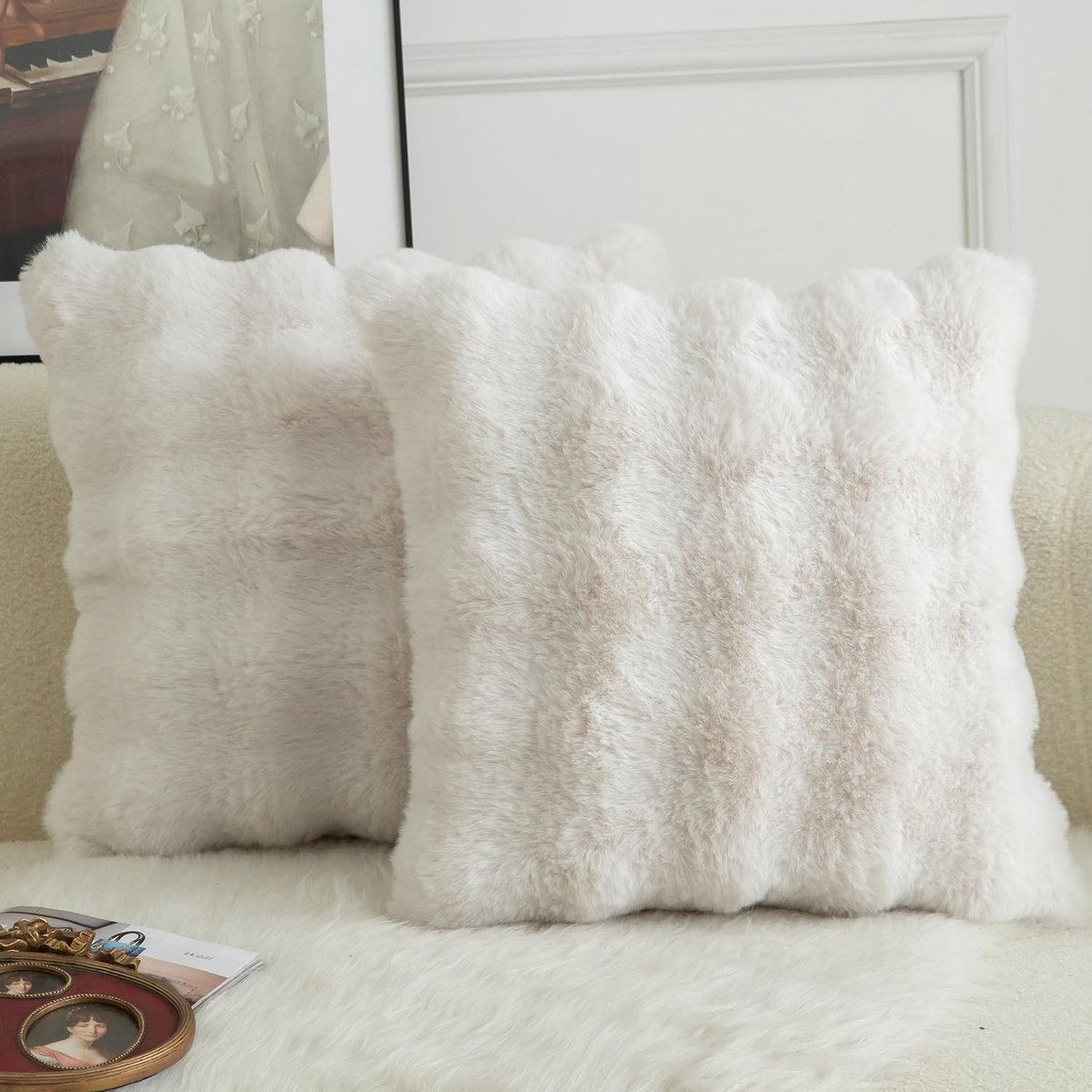 Omgoods - Set van 2 Pluche Kussenhoezen 40x40 cm Crème Wit voor Sofa