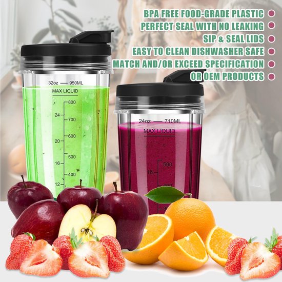 Omgoods- Blenderonderdelen Set - 2 x 710ml Kopjes - 2 Flip Top Deksels - 7-vin Mesassemblage - Compatibel met Nutri Ninja - Duurzaam materiaal - Blenderbekers — afbeelding 4