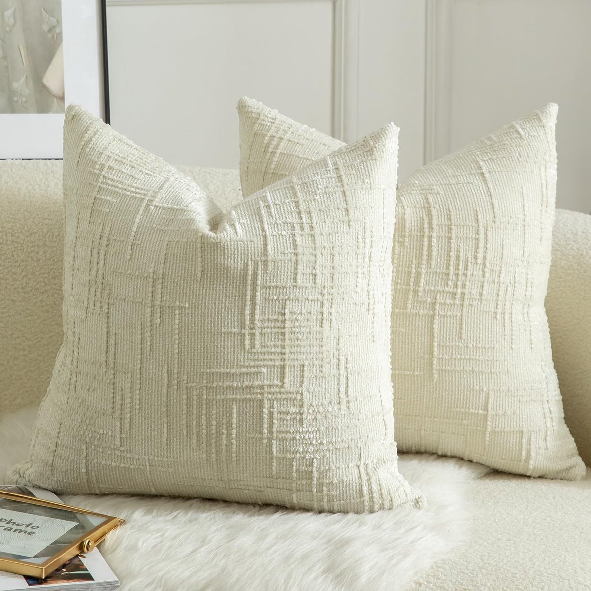 Omgoods - Set van 2 Chenille Kussenhoezen 40x40 cm Crème Wit voor Sofa